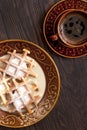 Cup of coffee with dessert waffles Royalty Free Stock Photo