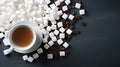 A cup of coffee with different sweetener pills and coffee beans on dark background. Top view, copy space. Sugar substitute, Royalty Free Stock Photo