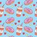 A cup of coffee and a donut, seamless vector pattern, freehand drawing, doodle