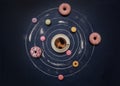 A cup of coffee, donuts and multi-colored macaroons in the form of a planetary system on a dark blue background