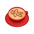 Cup of coffee with drawing of gingerbread man of cinnamon powder. Red mug of aromatic cappuccino Flat vector icon