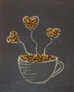 A cup of coffee drawn in chalk on a blackboard