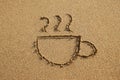 Cup of coffee is drawn on a sand beach on a sunset. Royalty Free Stock Photo