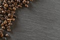 Cup coffee drink espresso background. Dark beans for black caffeine breakfast in cafe food. Brown roasted coffee seeds Royalty Free Stock Photo