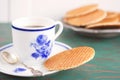 Cup of coffee with a Dutch stroopwafel cookie Royalty Free Stock Photo