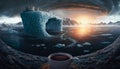 a cup of coffee at the edge of the world. scientific station on the iceberg. coffee break. rebalancing and mental health. generate Royalty Free Stock Photo