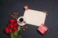 Cup of coffee, empty card for your text, gifts, heart shape chocolate candies and red roses Royalty Free Stock Photo