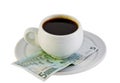Cup of coffee in the euro money Royalty Free Stock Photo