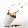 Cup of coffee falling isolated on white background Royalty Free Stock Photo
