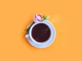 Cup of coffee stylish birthday flower rose trendy vintage minimalist greeting morning creative on a colored background