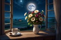 a cup of coffee flower vase next to a window from where you a good night-view