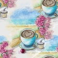 Seamless watercolor pattern: Cup of coffee, cake, bouquet of roses and sea shore