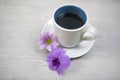 Cup of coffee with flowers. Morning coffee concept with soft purple orchid daisy flower on white table bright background. Royalty Free Stock Photo