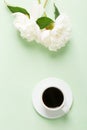 Cup of coffee and flowers peonies on light green table Royalty Free Stock Photo