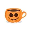 Cup of coffee in form of pumpkin with grinning face. Halloween coffee party Royalty Free Stock Photo