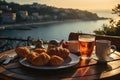 cup of coffee and french croissant on table, balcony with view of beautiful landscape, still life, sea and mountains, resort