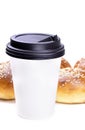 A cup of coffee and fresh buns pastry isolated on a white background Royalty Free Stock Photo