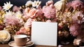 cup of coffee with fresh flowers, copy space on blank card Royalty Free Stock Photo