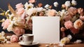 cup of coffee with fresh flowers, copy space on blank card Royalty Free Stock Photo