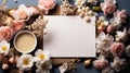 cup of coffee with fresh flowers, copy space on blank card Royalty Free Stock Photo