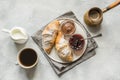 Cup of coffee, freshly baked croissants. Top view. Flat lay. Concept french breakfast Royalty Free Stock Photo