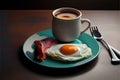 Cup of coffee with fried egg and bacon on a green plate