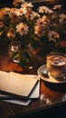 A cup of coffee with a froth, a book, and a vase of flowers on a wooden table