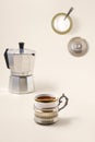Cup of coffee, geyser coffee maker and shugar Royalty Free Stock Photo