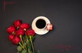 Cup of coffee, gift box and red roses Royalty Free Stock Photo