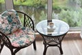 Table, chair, cups and ashtray on hotels balcony Royalty Free Stock Photo