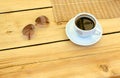 cup of coffee, glasses, water on table