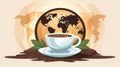 a cup of coffee and a globe on a brown background