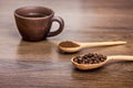 Cup of coffee, grain of coffee and ground coffee in wooden spoon Royalty Free Stock Photo