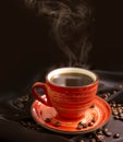 Cup of coffee, grain frame on silk background vintage aromatic