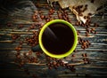 Cup, coffee grain roasted natural on wooden background morning caffeine Royalty Free Stock Photo