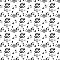 Cup of coffee and grains of coffee. Black and white seamless pattern. Vector Illustration.