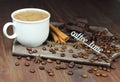 Cup of coffee with grains, chocolate, cinnamon, an anisetree and an inscription Royalty Free Stock Photo