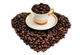 A cup of coffee on grains in the shape of a heart on a white background