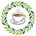 Cup of Coffee in Greenery Wreath Hand Drawn Image Royalty Free Stock Photo