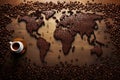 Cup of coffee with ground beans shows the world map texture on wooden brown background. AI generated.