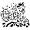 Cup with coffee hand drawn vector scetch illustration . Ink graphic line art and lettering. Isolated on white background