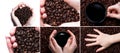 Cup with coffee and hand over coffee beans background. Royalty Free Stock Photo