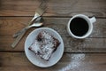 Cup Of Coffee With Handmade Chocolate Cake On Wooden Table Background. Brownie With Cherries On A White Plate.