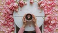 Cup of coffee in hands on table. Rose petals. Flatlay