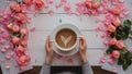 Cup of coffee in hands on table. Rose petals. Flatlay