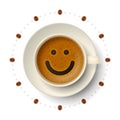 Cup of coffee with happy funny smiling face and coffee beans around