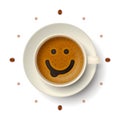 Cup of coffee with happy funny smiling face and coffee beans around