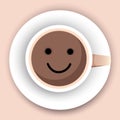 Cup of coffee with happy smiling face on frothy surface. Time to have a coffee break, relax and cheer up, coffee time concept