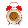 Cup of coffee with happy smiling face and silhouette of alarm clock