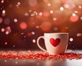 Cup of coffee with heart on bokeh background. Valentines day concept